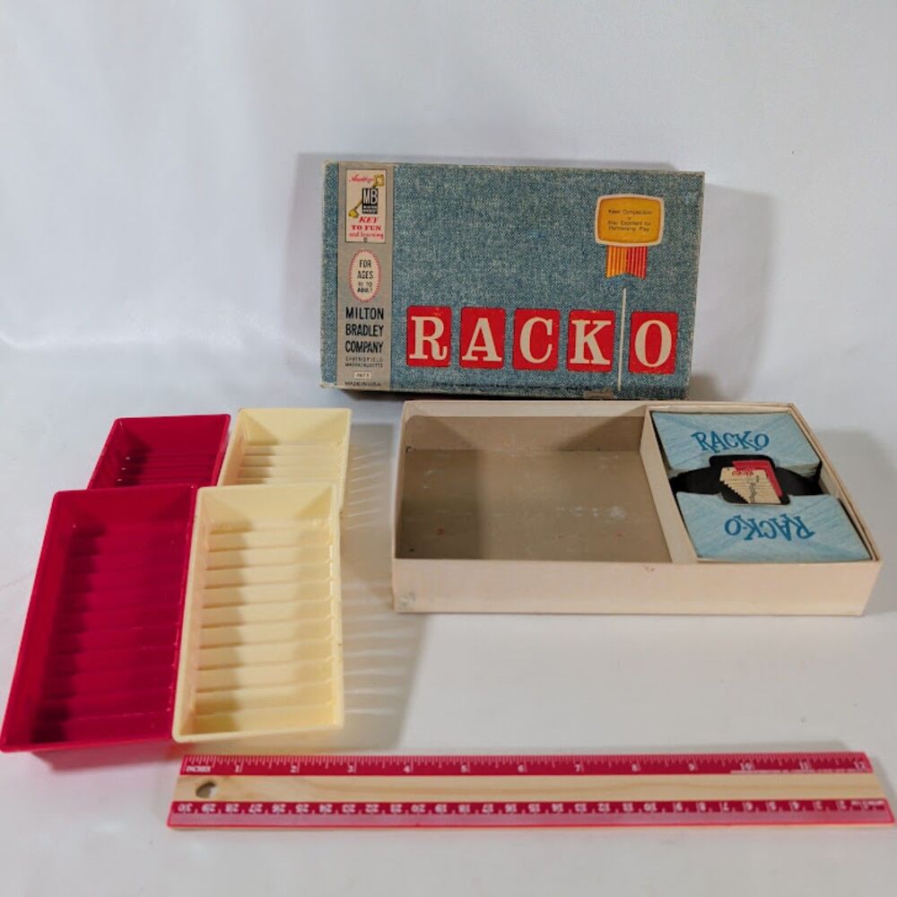 Vintage Rack-O Card Game Milton Bradley Complete 60 Cards 4 Racks Original Box